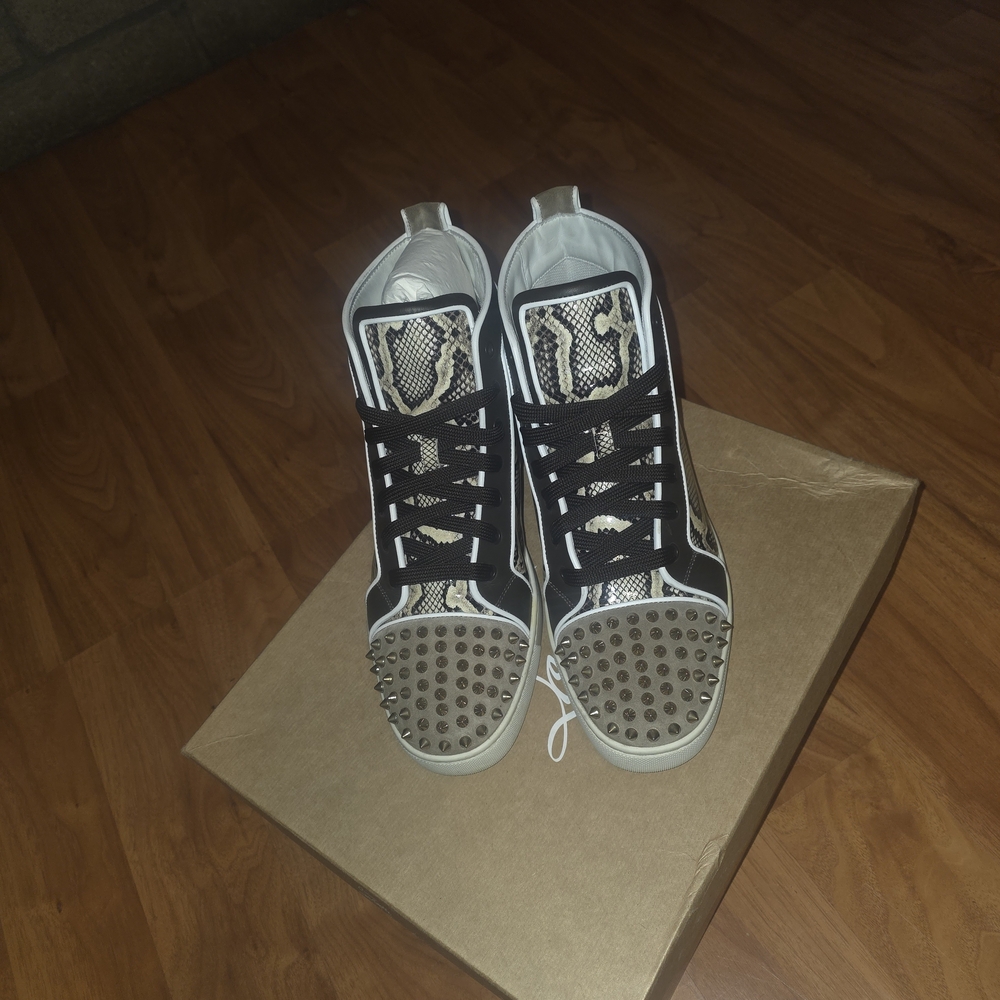 Christian Louboutin Black White Snake-Print Studded High-Top Sneakers